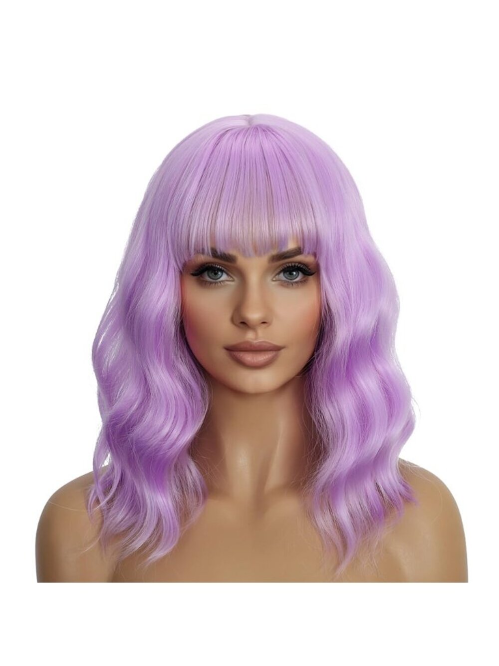 Women's Purple 14 Inch Heat Resistant Synthetic Short Wavy Bob Wigs Bangs
